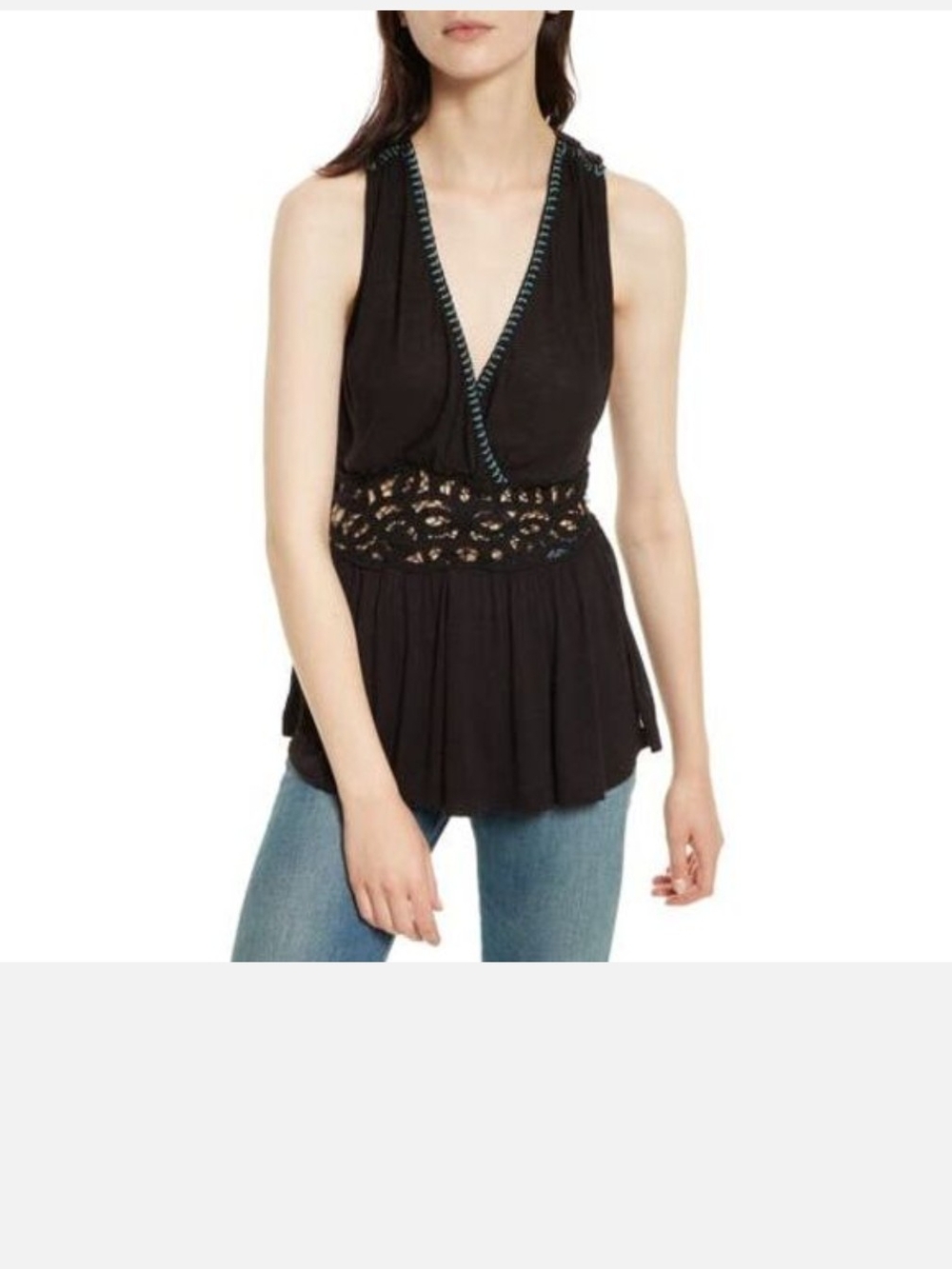 Free People Megan Black Lace-Trim Sleeveless Wrap Top NWT